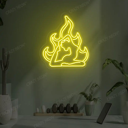 Flamed Eka Pada Rajakapotasana Yoga Neon Sign lighting up in yellow color in a yoga room