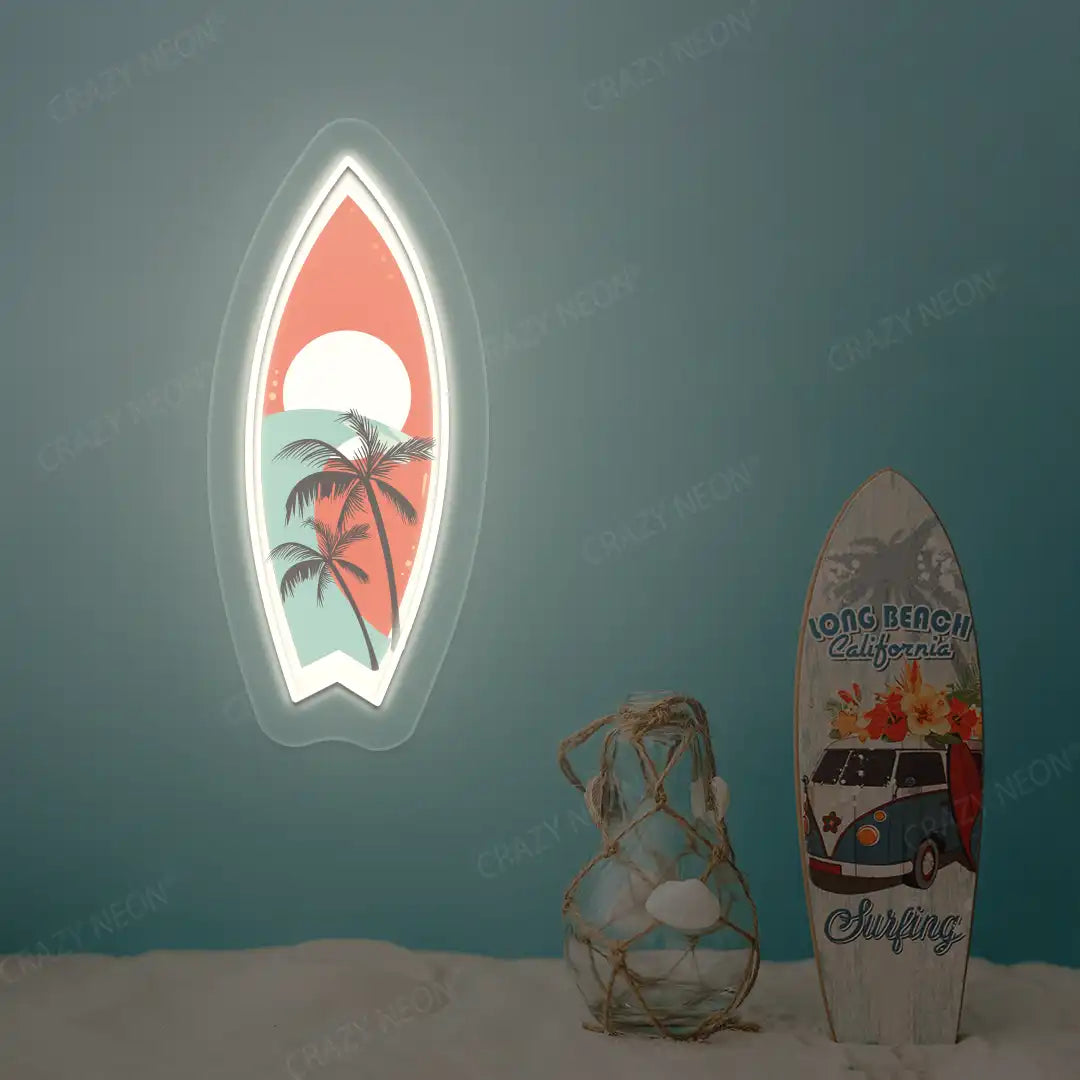 warm white tropical surfboard neon artwork mounted on a wall