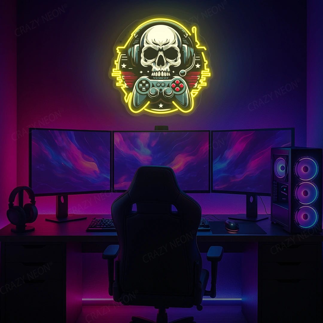 Gamer Skull Headphone Neon Artwork in Yellow color