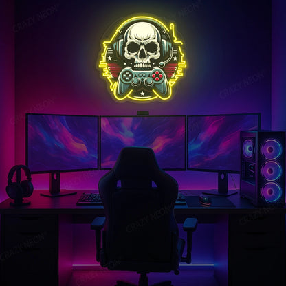 Gamer Skull Headphone Neon Artwork in Yellow color