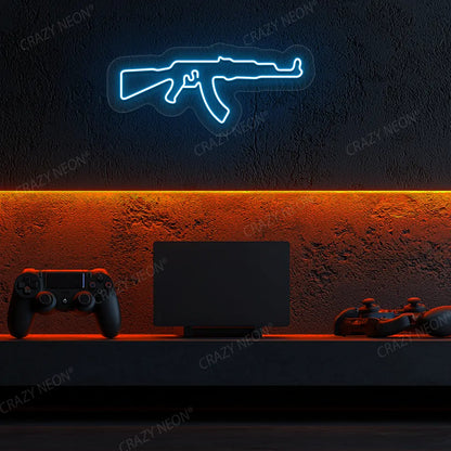 AKM Gaming Gun Neon Sign in Iceblue color