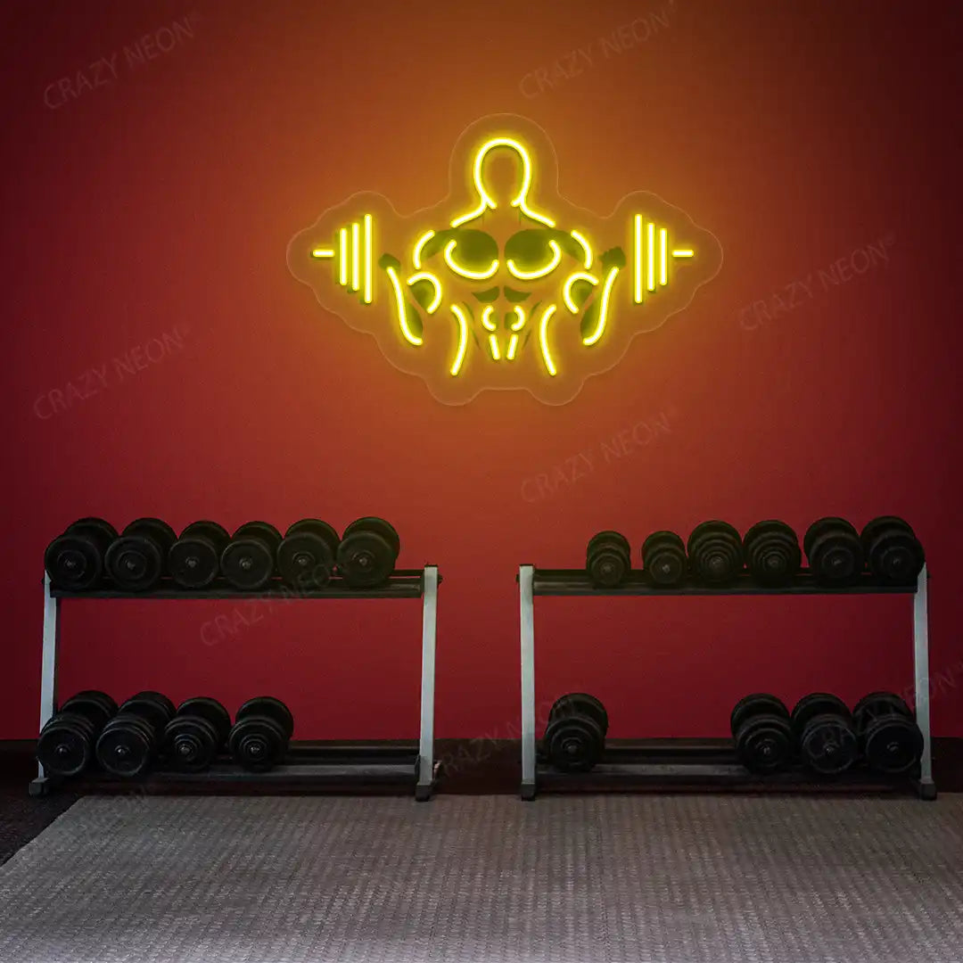 yellow gymer outline neon artwork mounted on a wall