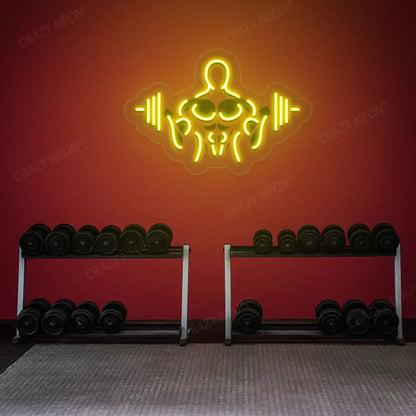 yellow gymer outline neon artwork mounted on a wall