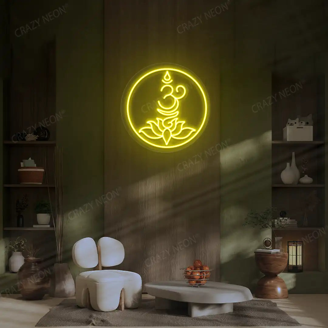 Om Lotus Neon Sign lighting up in yellow color in a yoga room