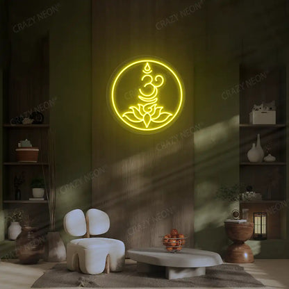 Om Lotus Neon Sign lighting up in yellow color in a yoga room