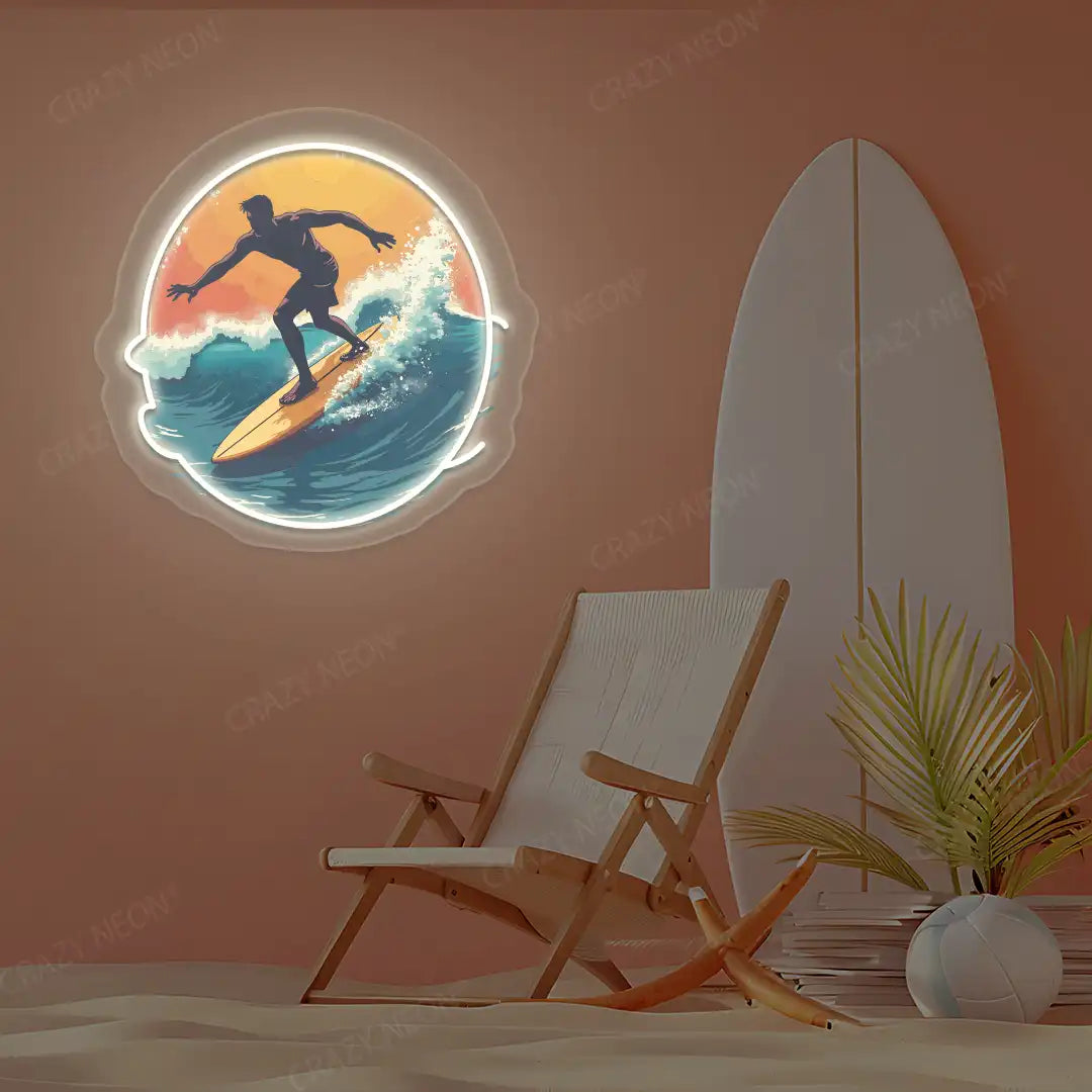 warm white surfer catching wave neon artwork mounted on a wall