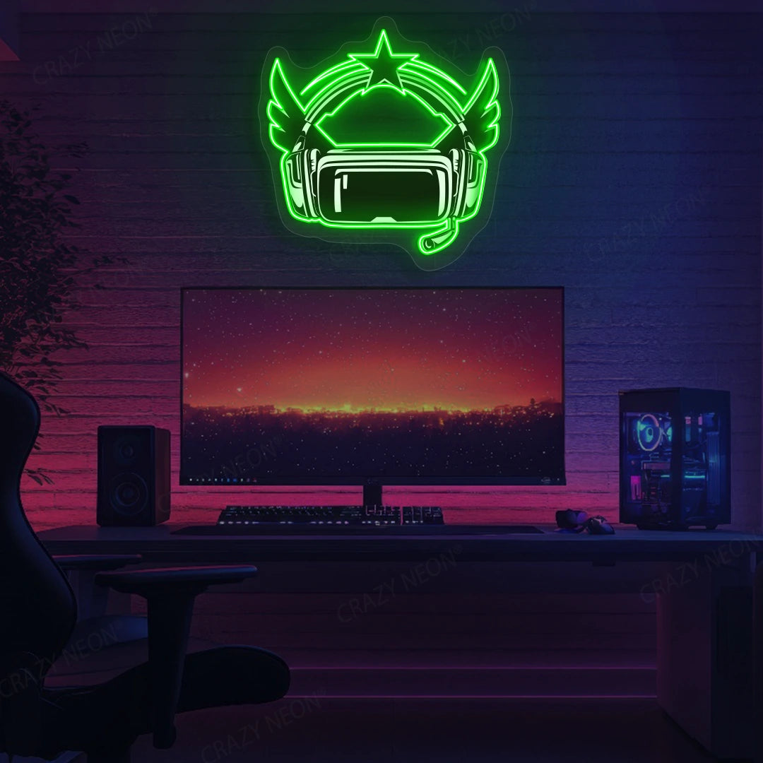 VR Powered Headphone Neon Artwork in Green color