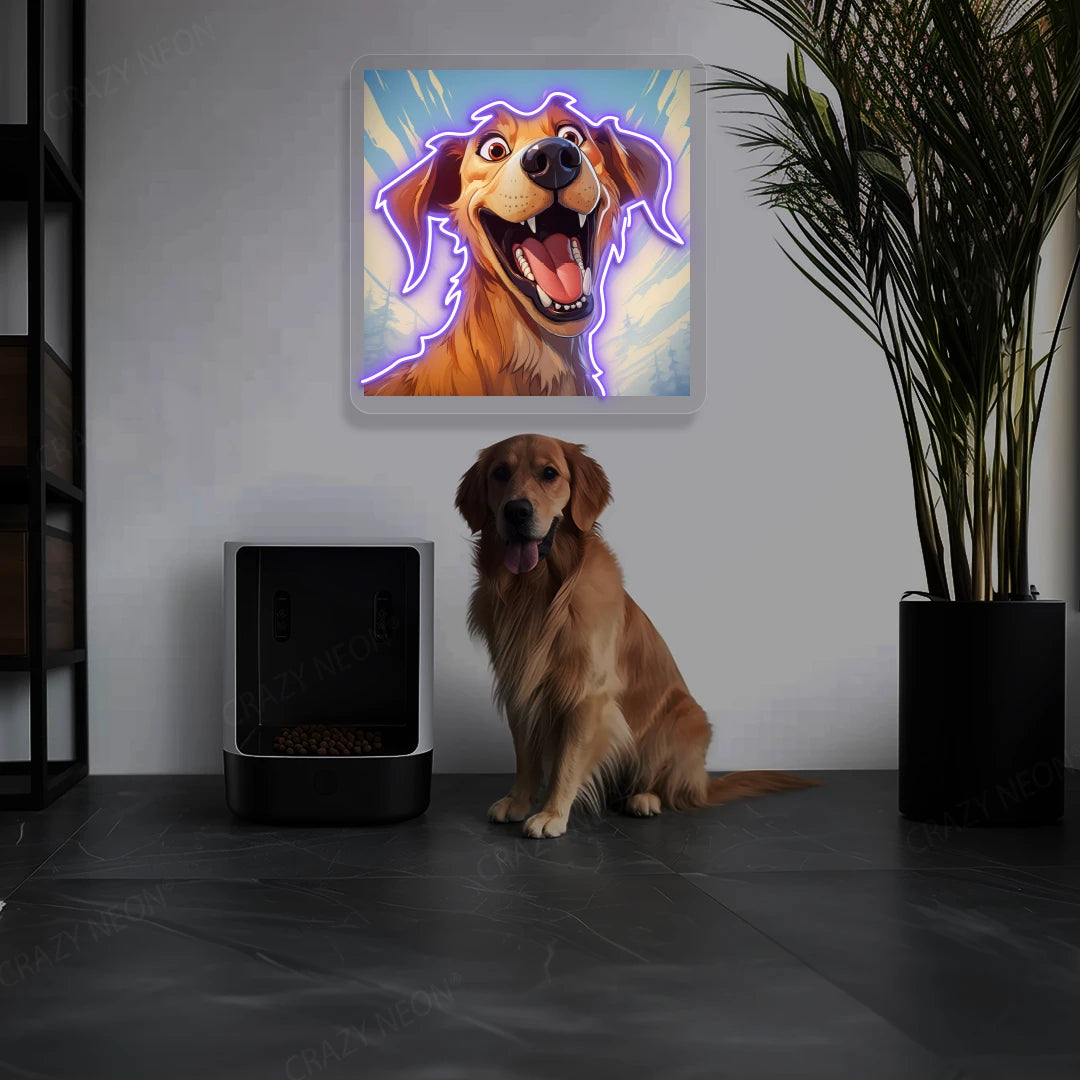 Goofy Smile Golden Retriever Neon Artwork in purple color