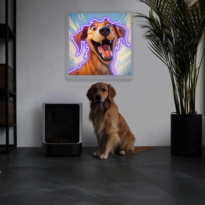 Goofy Smile Golden Retriever Neon Artwork in purple color