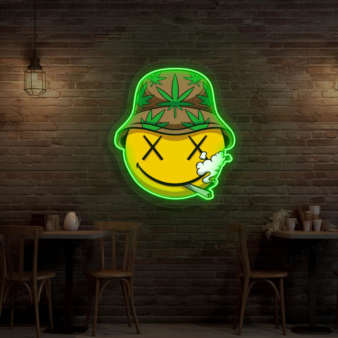 Smiley Stoner Weed Neon Artwork in Green Color