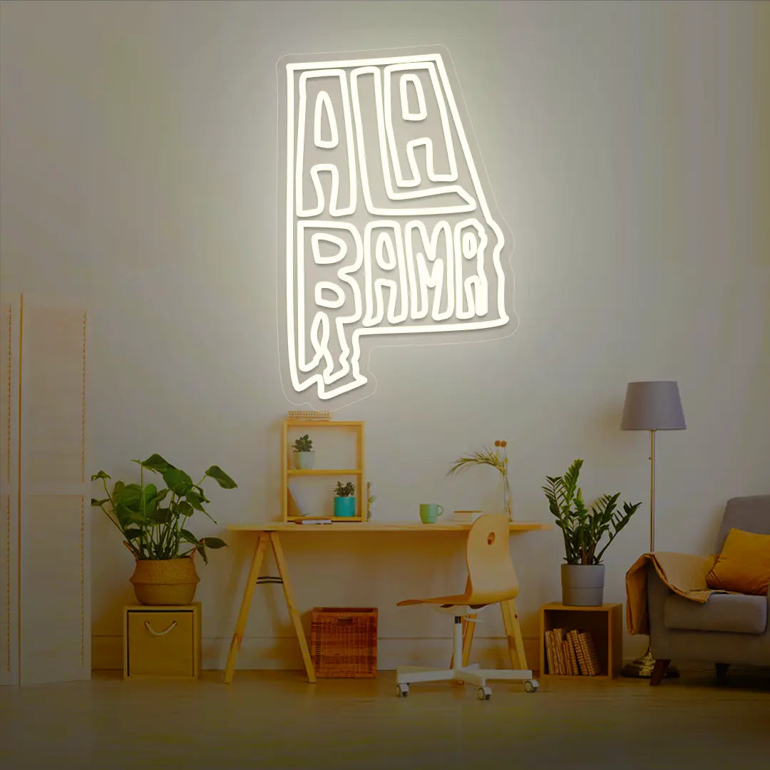 ALABAMA Map Neon Sign lighting up in warmwhite color in a room