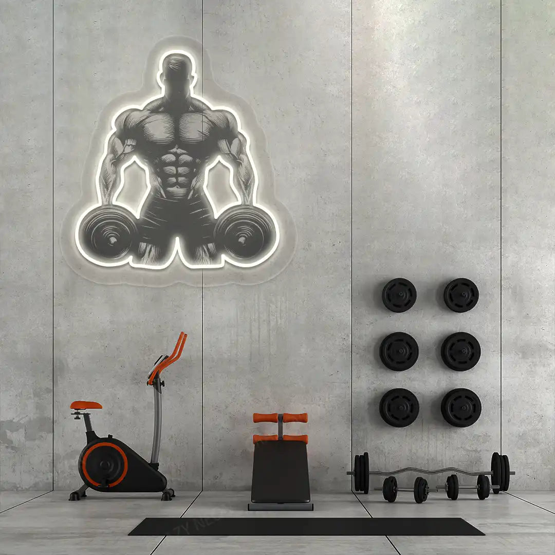 warm white muscle man dumbbell gym neon artwork mounted on a wall
