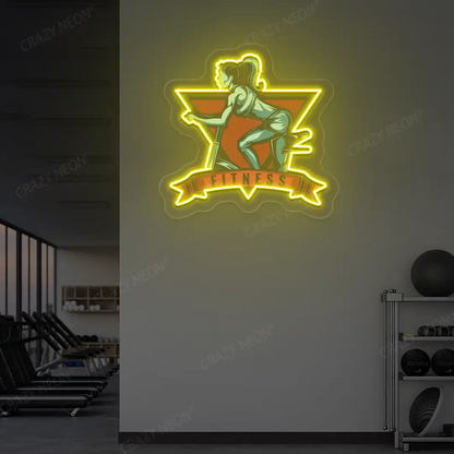yellow girl spinning fitness neon artwork mounted on a wall