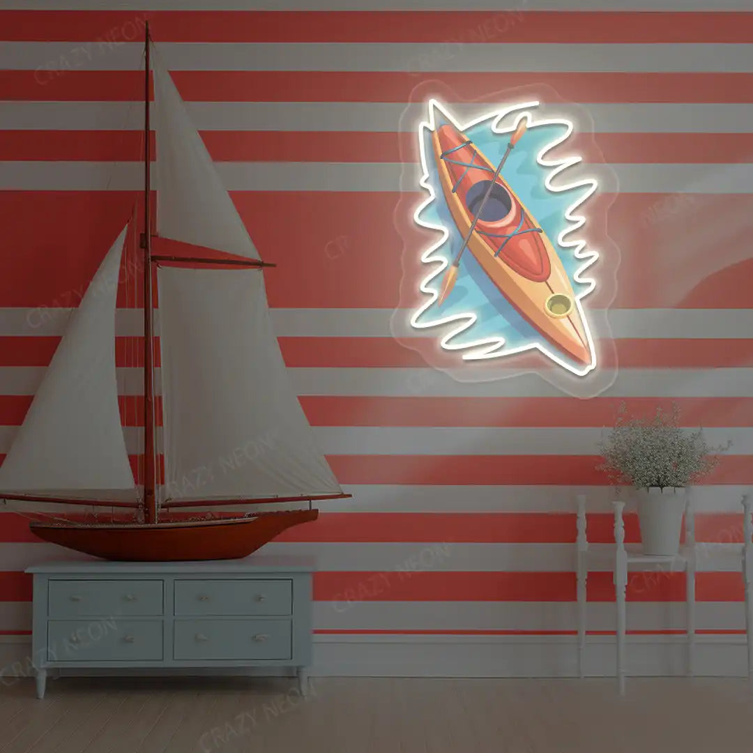 warm white floating kayak neon artwork mounted on a wall