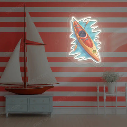 warm white floating kayak neon artwork mounted on a wall