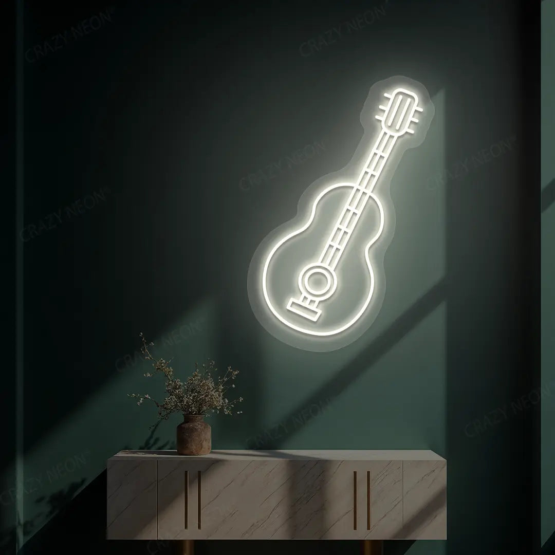 warm white acoustic guitar neon sign mounted on a wall