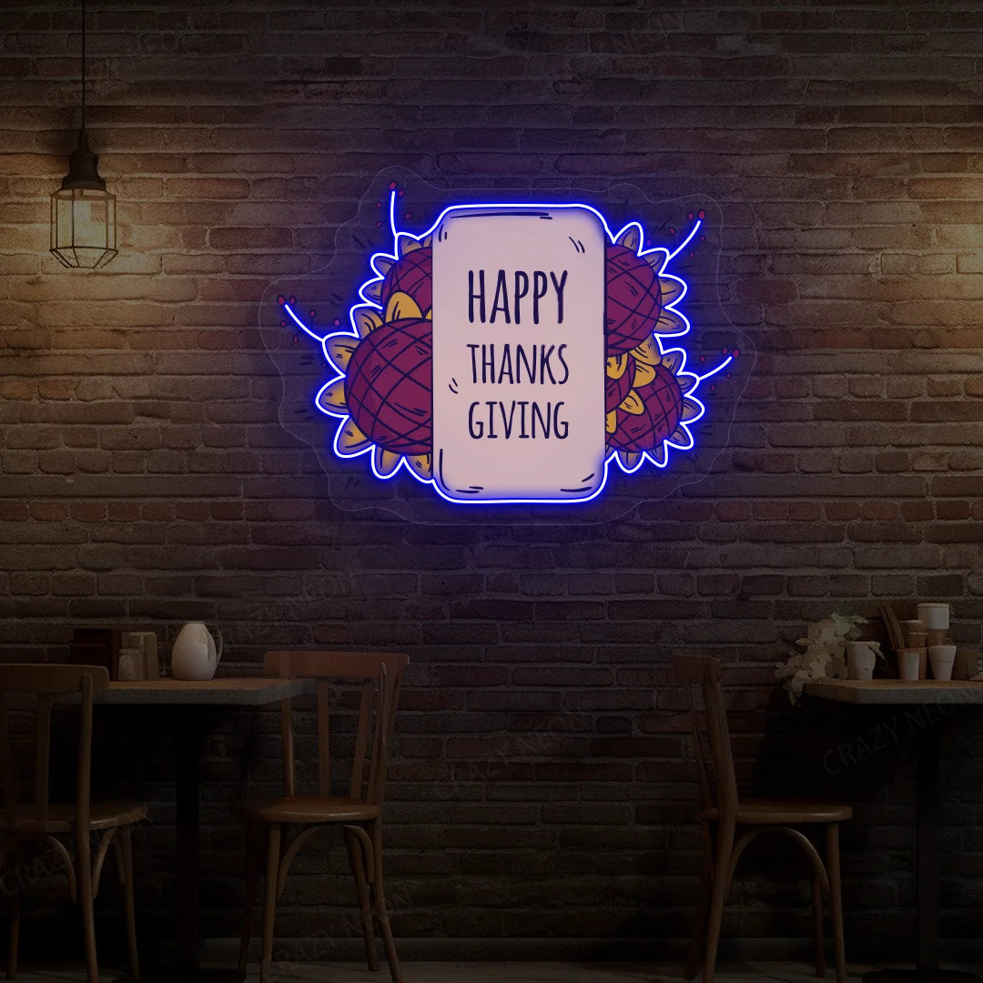 Happy thanksgiving sunflower neon sign in blue