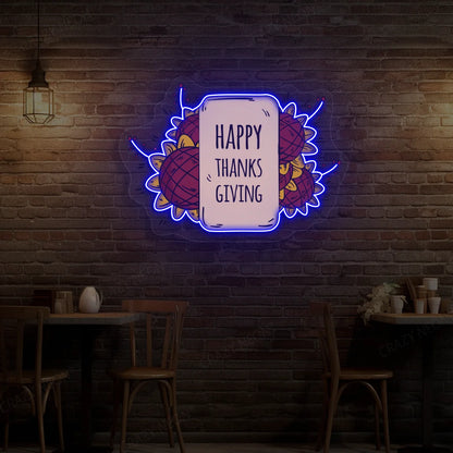Happy thanksgiving sunflower neon sign in blue