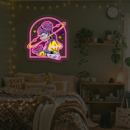 Galactic Girl Neon Artwork in Pink color