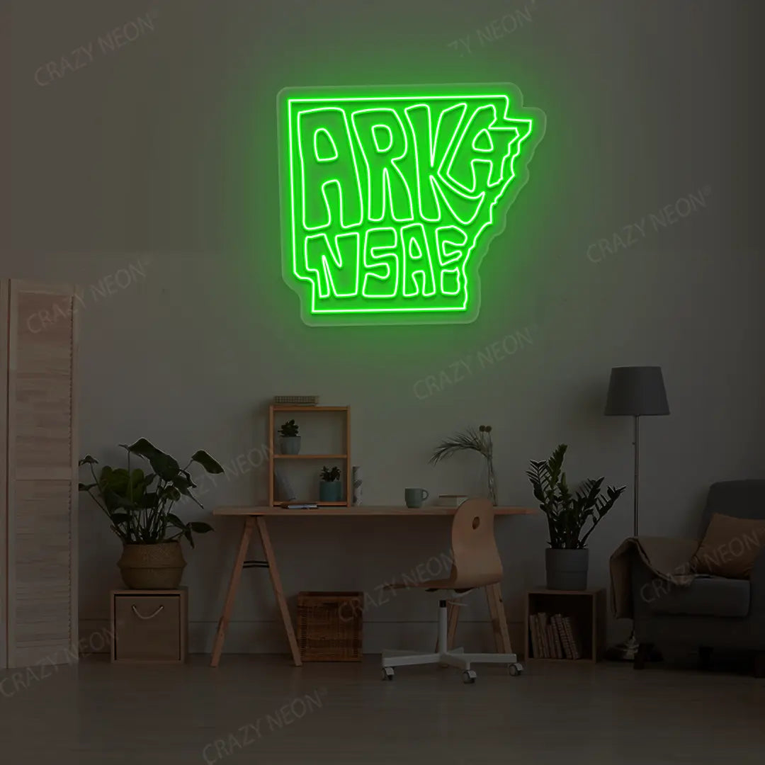 ARKANSAS Map Neon Sign lighting up in green color in a room