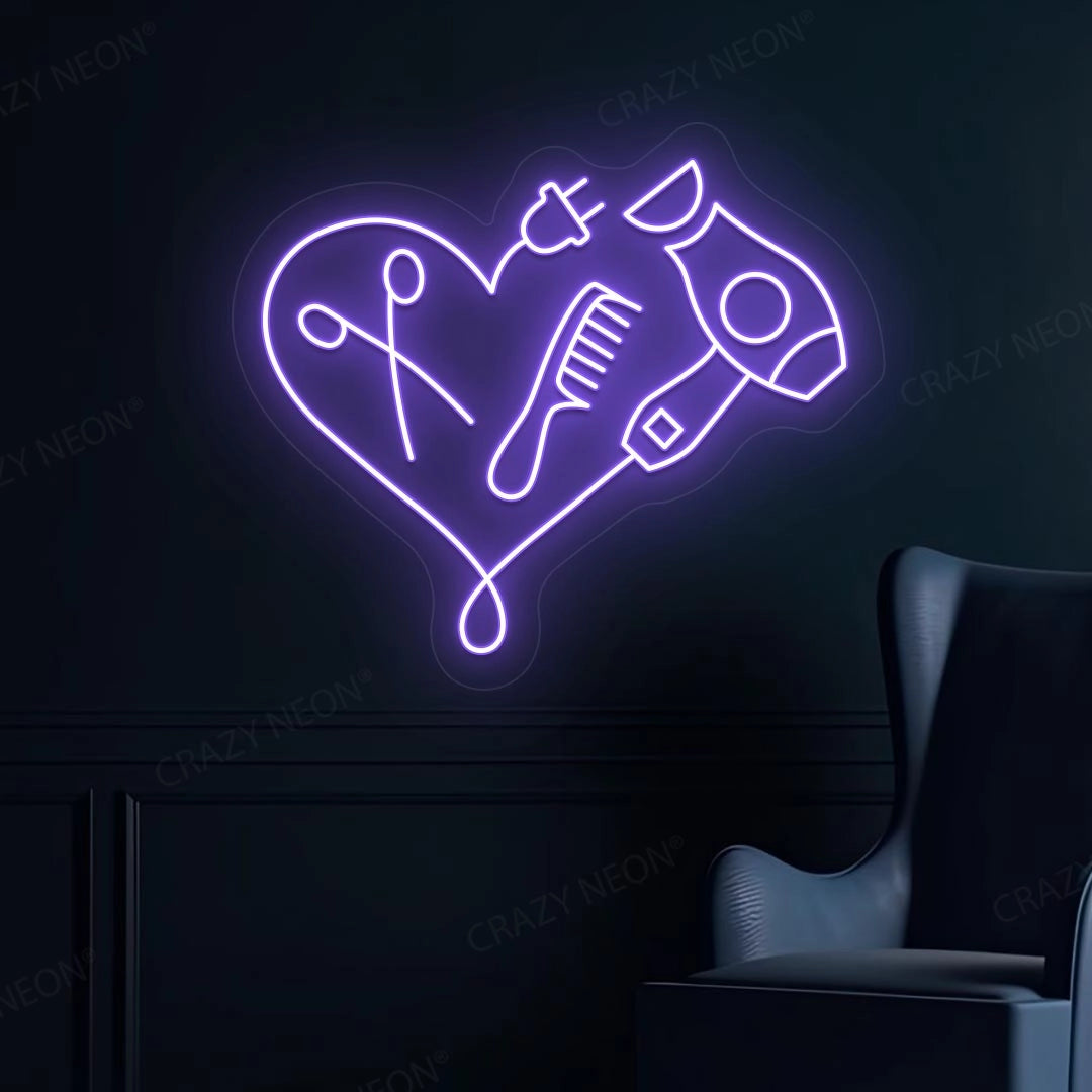 Hair Dryer Combs Clippers Heart Neon Sign | Purple