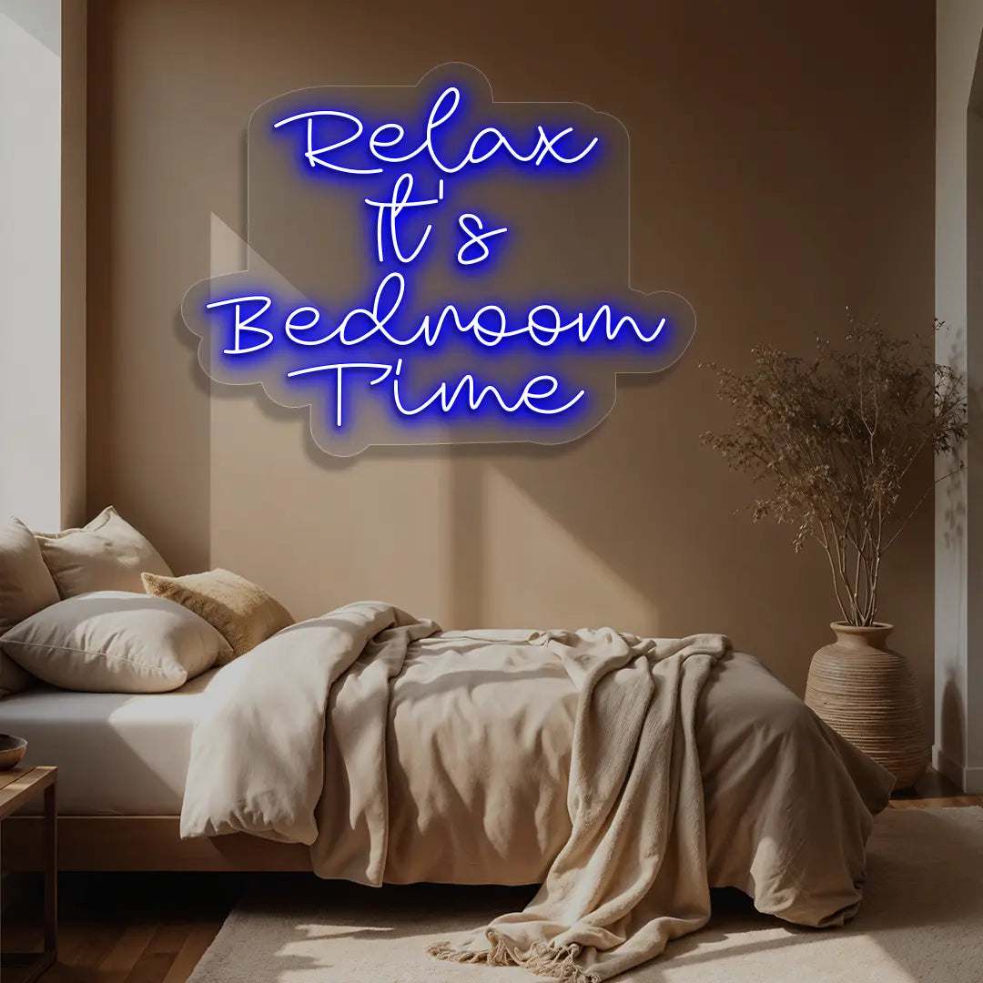 blue relax its bedroom time neon sign mounted on a wall