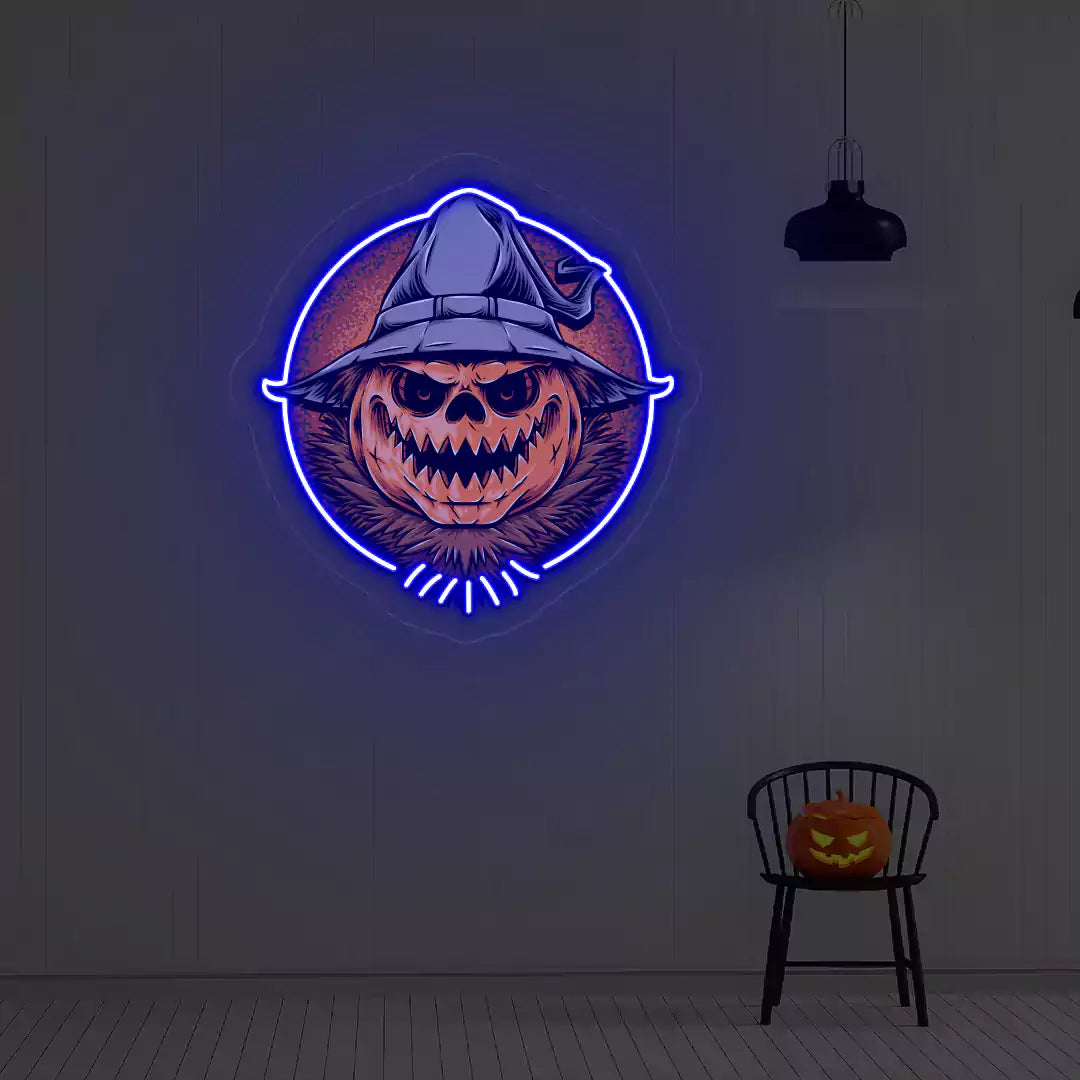 Witch Pumpkin Scarecrow Neon Artwork | Blue