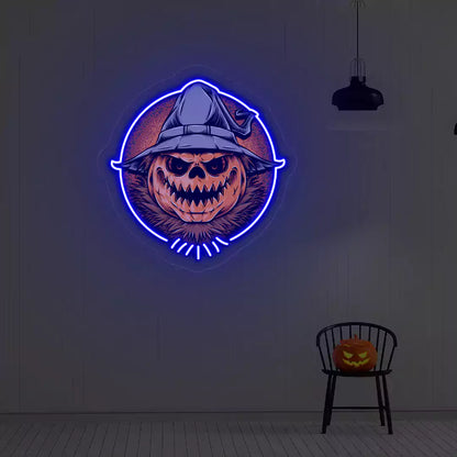 Witch Pumpkin Scarecrow Neon Artwork | Blue