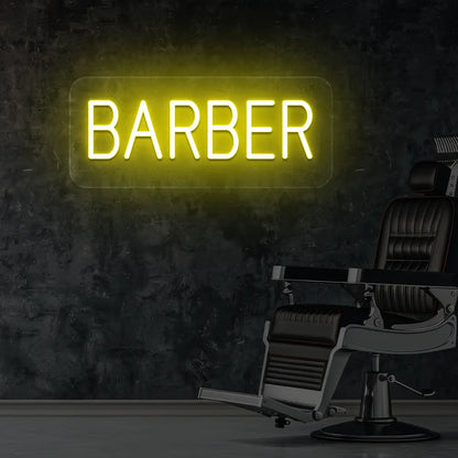 Barber Neon Sign in Yellow Colour Mounted on Wall 