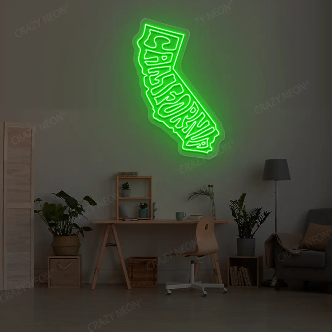 CALIFORNIA Map Neon Sign lighting up in green color in a room