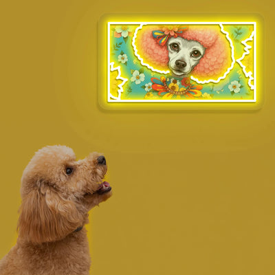Floral Funky Poodle Portrait Neon Artwork in yellow color