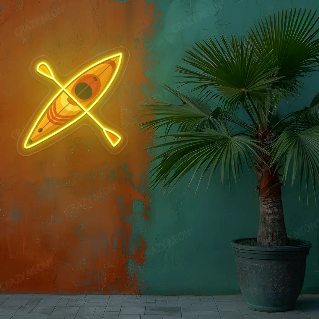 yellow kayak boat neon artwork mounted on a wall