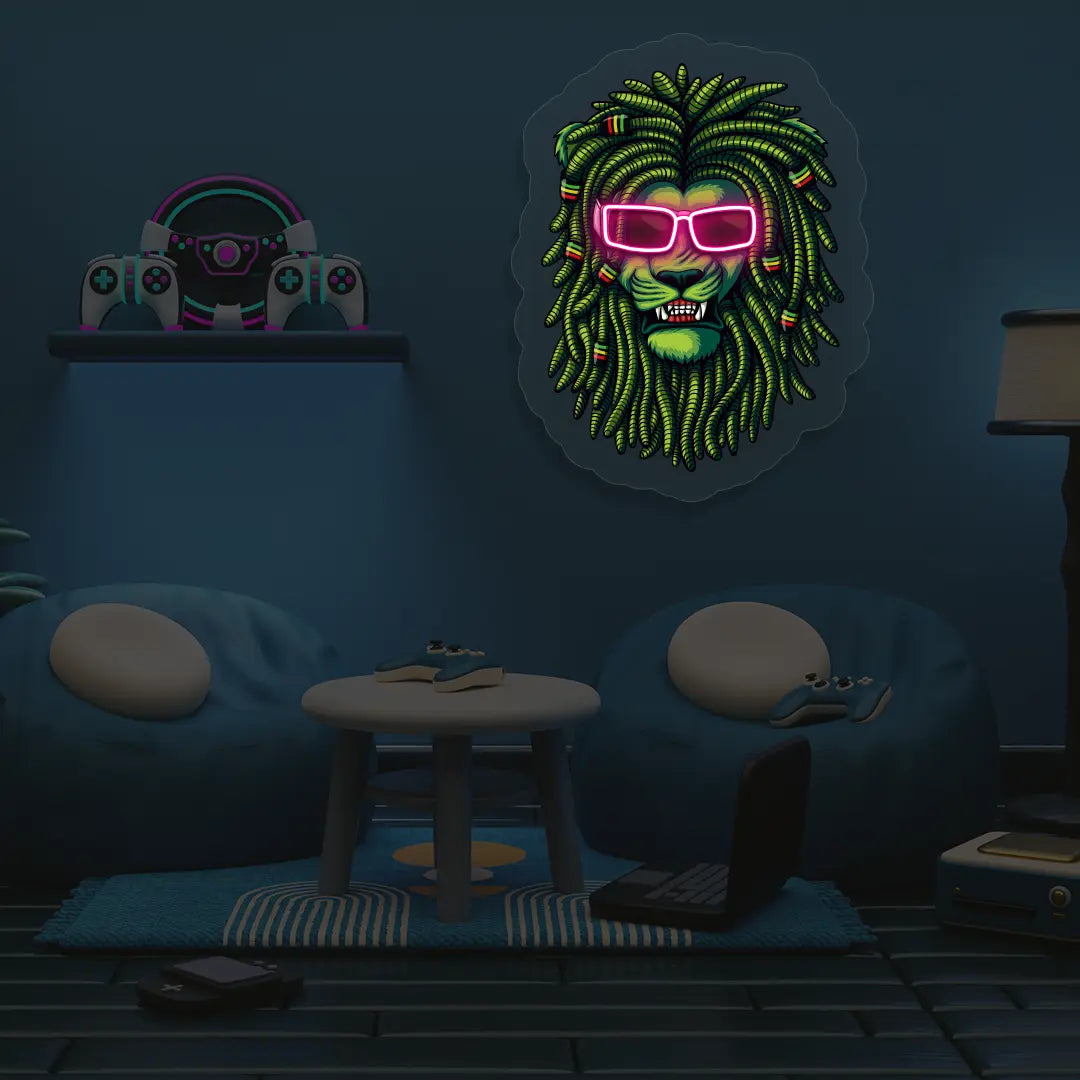 Lion Green Dreadlocks Neon Artwork  in Pink color