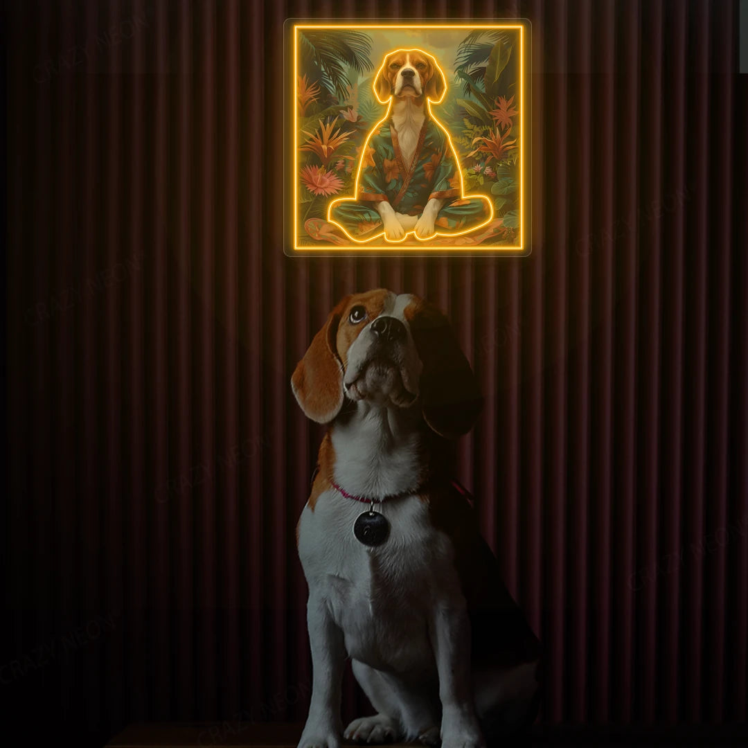 Tropical Zen Beagle Meditation Neon Artwork in Orange color