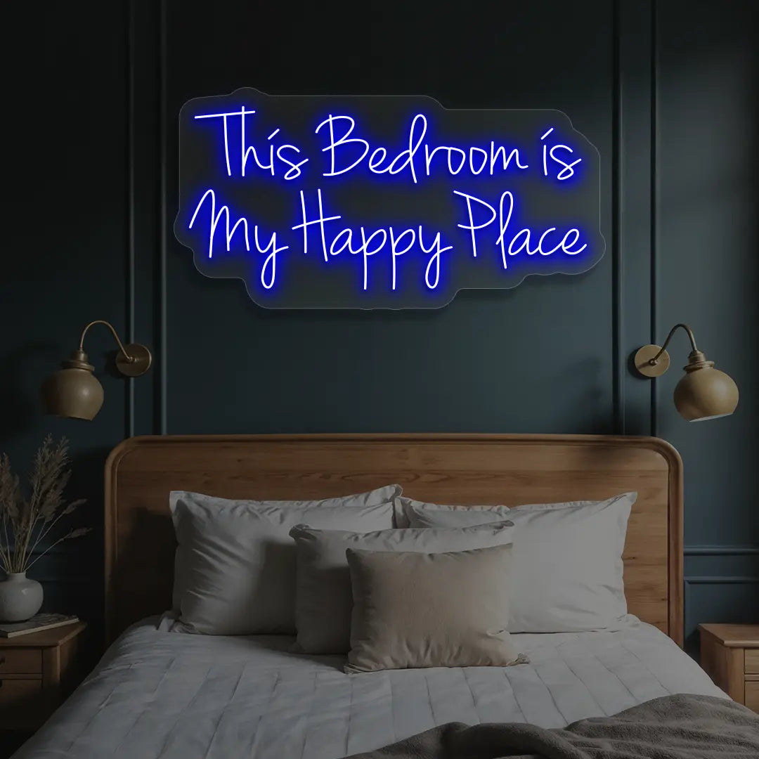 blue this bedroom is my happy place neon sign mounted on a wall