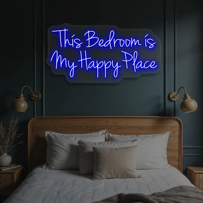blue this bedroom is my happy place neon sign mounted on a wall