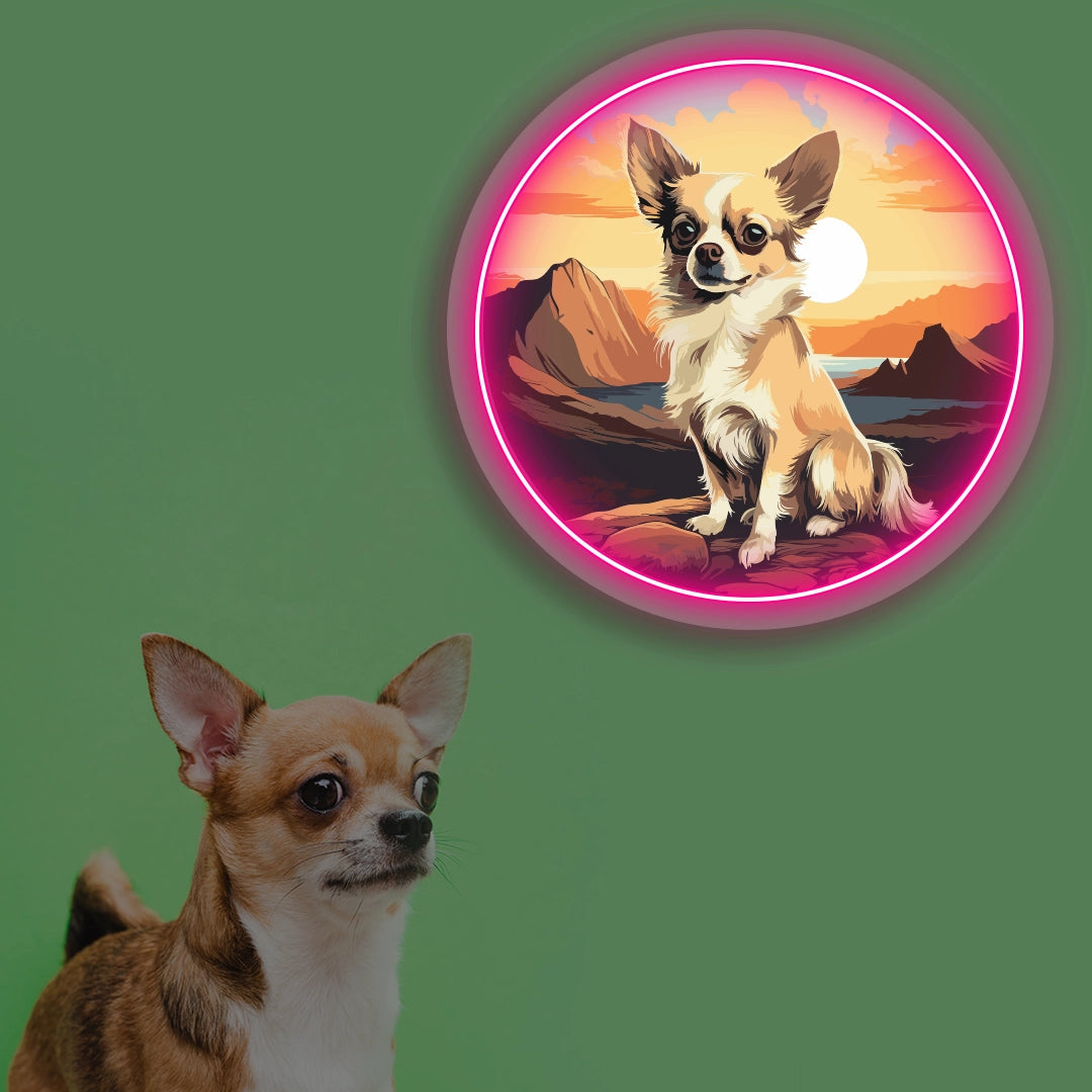 Sunset Canyon Long Coat Chihuahua Neon Artwork in pink color