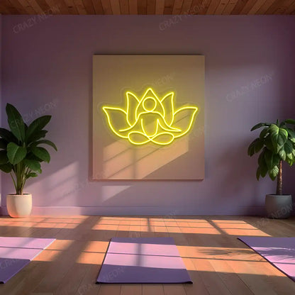 Lotus Meditation Neon Sign lighting up in yellow color in a yoga room