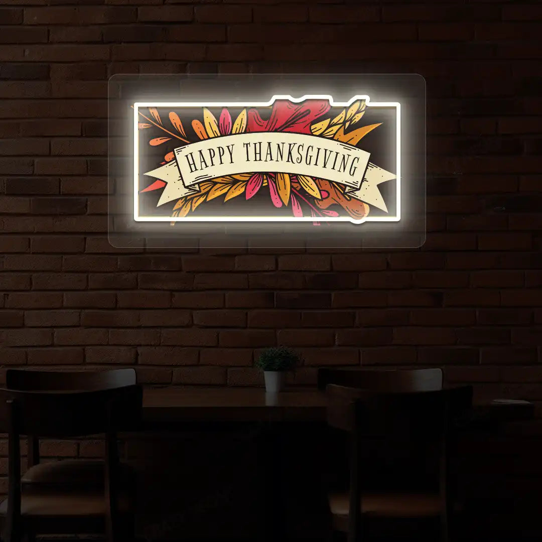 Autumn leaves happy thanksgiving neon sign in warm white
