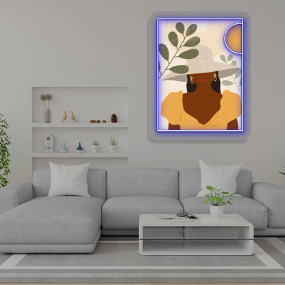 blue boho lady abstract Neon Artwork Sign mounted on a wall