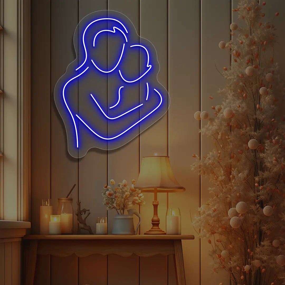 blue mamas hug neon sign mounted on a wall