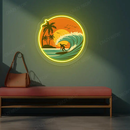yellow sunset surfer riding wave neon artwork mounted on a wall