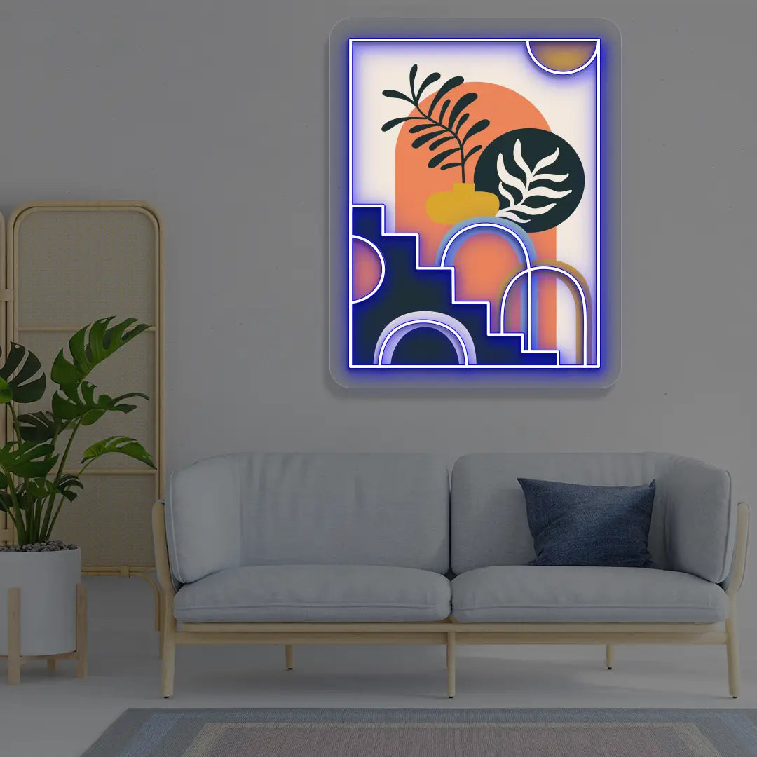 Boho Botanical Staircase Abstract Neon Artwork in Blue color