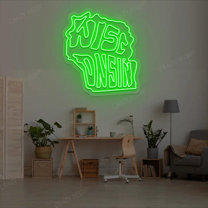 WISCONSIN Map Neon Sign lighting up in green color in a room