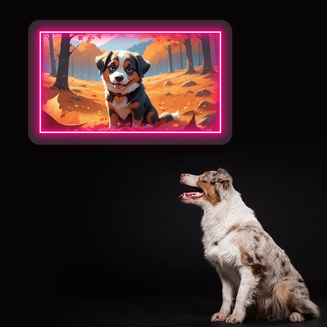 Autumn Forest Australian Shepherd Puppy Neon Artwork in pink color