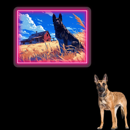 Golden Field German Shepherd Farm Neon Artwork in pink Color