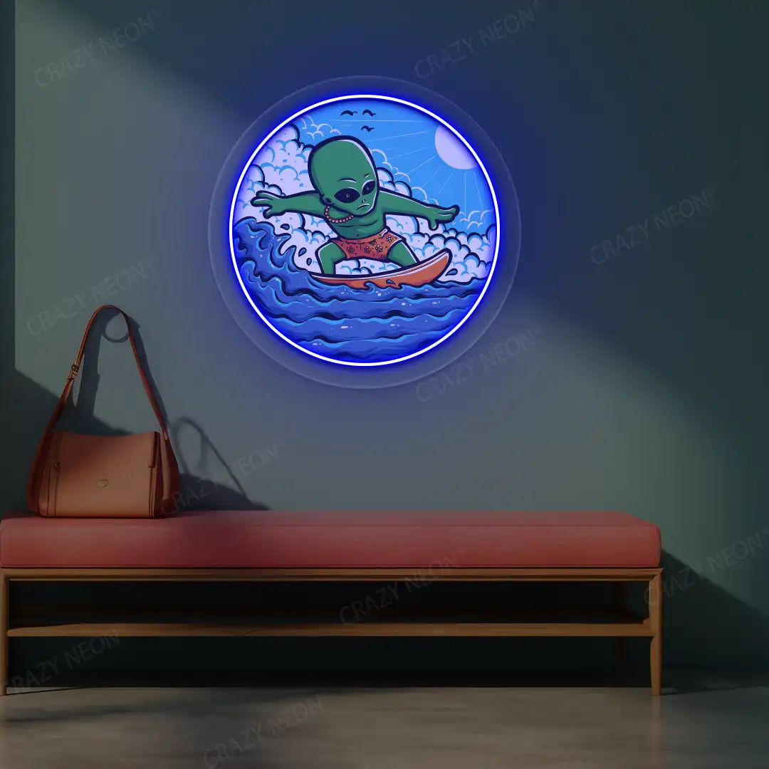 blue alien surfer neon artwork mounted on a wall