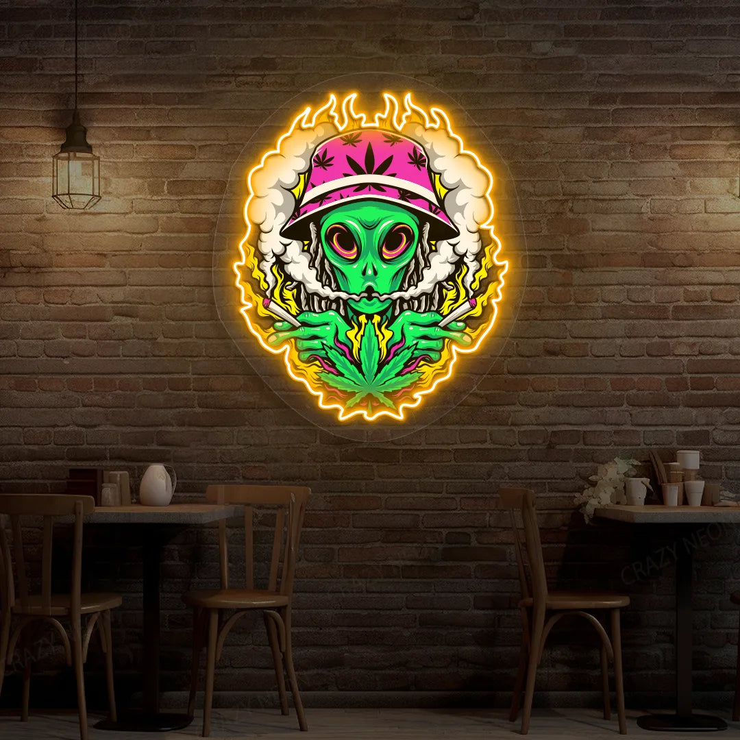 Alien Smoking Weed Neon Artwork in orange color