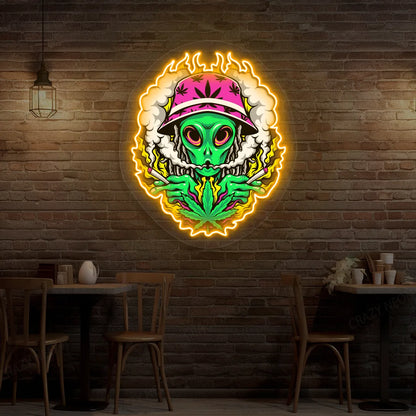 Alien Smoking Weed Neon Artwork in orange color