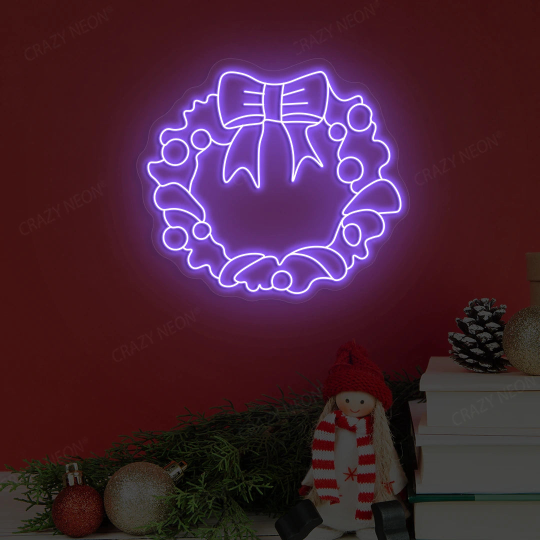 Holiday Bow Wreath Neon Sign | Purple